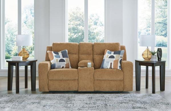 Kanlow Reclining Fabric Console Loveseat Honey