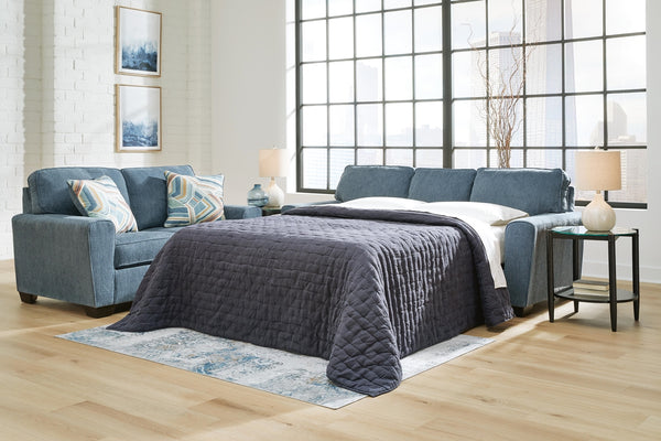 Cashton Queen Fabric Stationary Sofa Stationary Sleeper Blue