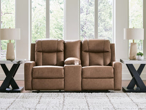 Mackmenville Manual Reclining Console Loveseat Caramel