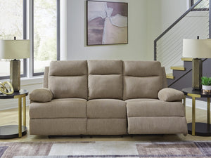 Side-Swipe Reclining Fabric Sofa with Drop Down Table Mocha