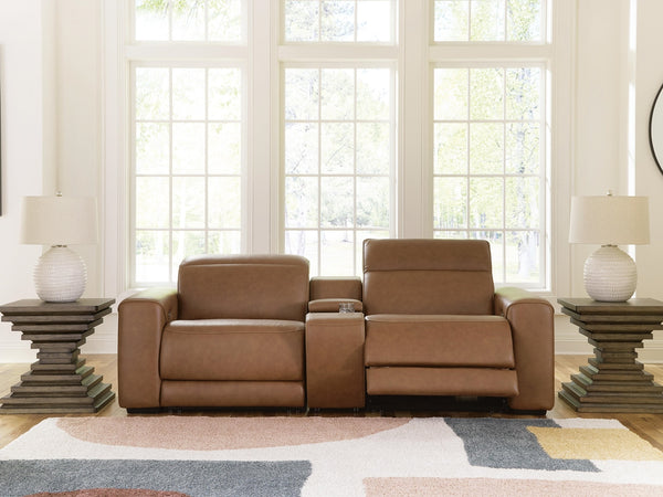Magic Man P2 2-Piece Power Reclining Leather Sectional Console Loveseat Caramel