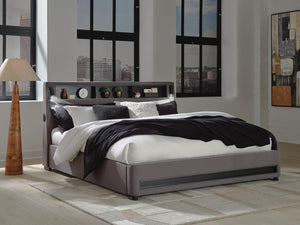 Verishaw King Upholstered Bed with Wireless Audio & USB Gray