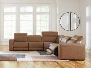 Magic Man 5-Piece Power Reclining Leather Sectional Caramel