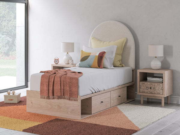 Arloster Twin Upholstered Panel Bed with 2-Drawers of Storage Tan/White