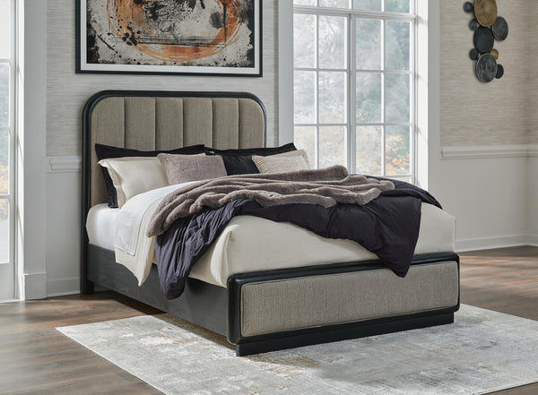 Rowanbeck Queen Upholstered Panel Bed Gray/Black