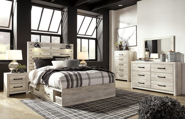 Cambeck Queen Panel Bed with Storage, Dresser, Mirror, Chest & Nightstand Whitewash