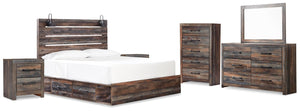 Drystan King Panel Bed with Storage, Dresser, Mirror, Chest & 2 Nightstands Multi
