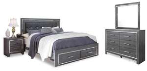 Lodanna King Upholstered Storage Bed, Dresser, Mirror, & Nightstand Gray