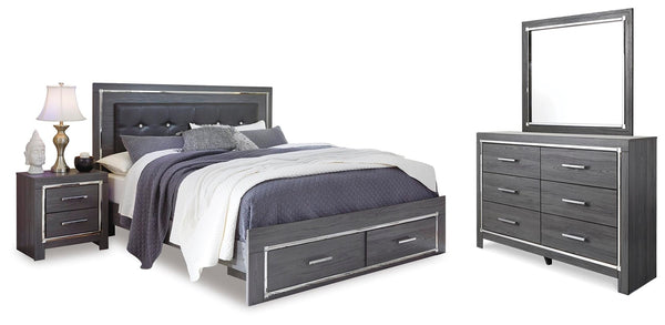 Lodanna King Upholstered Storage Bed, Dresser, Mirror, & Nightstand Gray