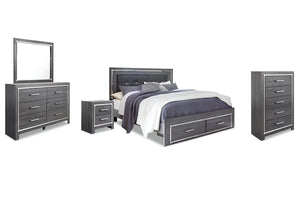 Lodanna King Upholstered Storage Bed, Dresser, Mirror, Chest, & Nightstand Gray