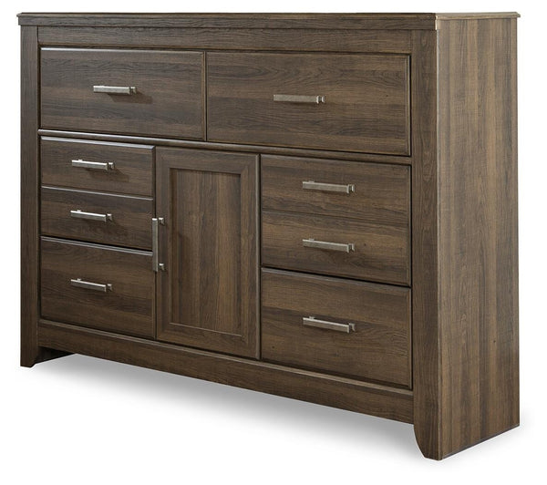 Juararo King Poster Bed, Dresser, Mirror & 2 Nightstands Dark Brown