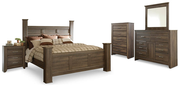 Juararo King Poster Bed, Dresser, Mirror, Chest & Nightstand Dark Brown