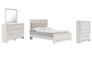 Altyra Queen Upholstered Panel Bed, Dresser, Mirror, & Chest White