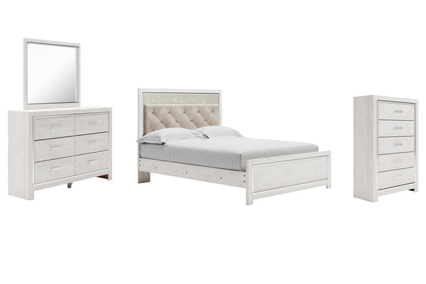 Altyra Queen Upholstered Panel Bed, Dresser, Mirror, & Chest White