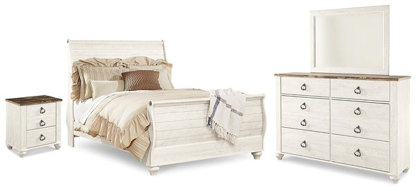 Willowton Queen Sleigh Bed with Mirrored Dresser & Nightstand Whitewash