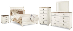 Willowton Queen Sleigh Bed, Dresser, Mirror, Chest & Nightstand Whitewash