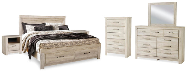 Bellaby King Storage Bed, Dresser, Mirror, Chest & 2 Nightstands Whitewash
