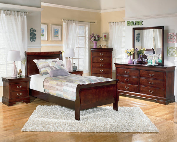 Alisdair Twin Sleigh Bed, Dresser & Mirror Reddish Brown