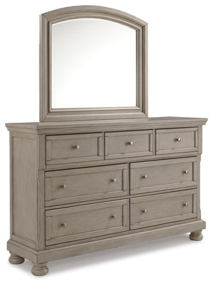 Lettner King Panel Bed with Dresser, Mirror & Nightstand Light Gray