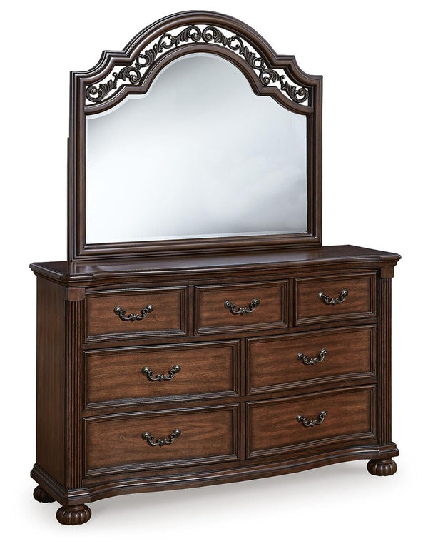 Lavinton Queen Poster Bed, Dresser, Mirror & Nightstand Brown