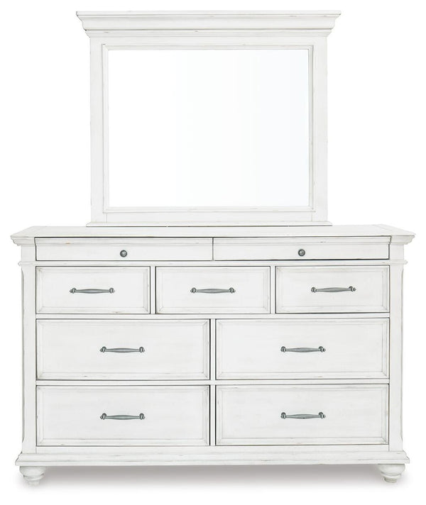 Kanwyn Queen Upholstered Panel Bed, Dresser, Mirror, & Nightstand Whitewash