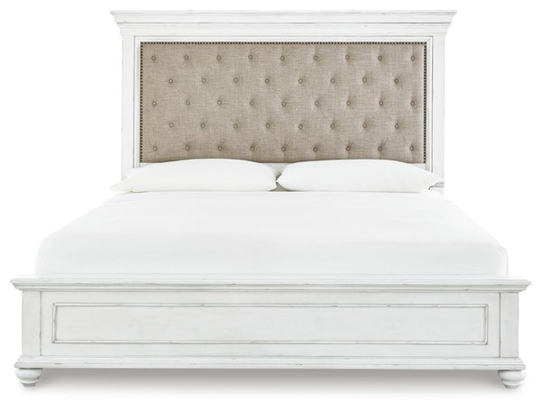 Kanwyn King Upholstered Panel Bed, Dresser, Mirror & Chest Whitewash