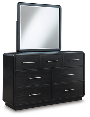 Rowanbeck California King Upholstered Panel Bed, Dresser & Mirror Black