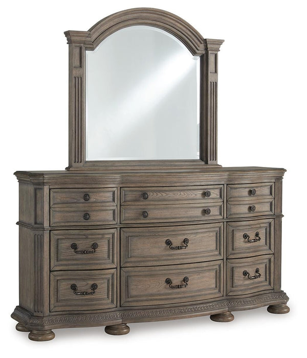 Ardenfield Queen Upholstered Sleigh Bed, Dresser & Mirror