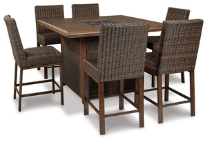 Paradise Trail Outdoor Bar Fire Pit Table with 6 Barstools Medium Brown