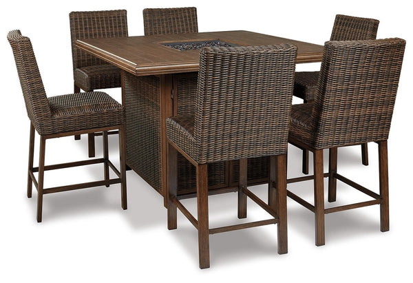 Paradise Trail Outdoor Bar Fire Pit Table with 6 Barstools Medium Brown