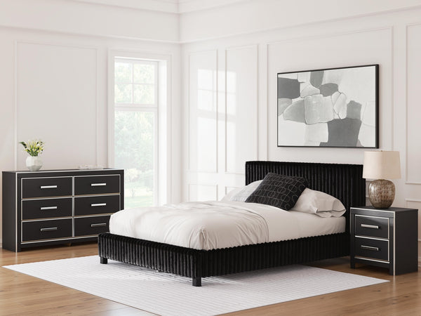 Zuraleus Queen Upholstered Bed, Dresser & Nightstand Black