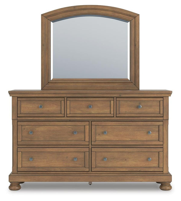 Feddinger Queen Sleigh Bed, Dresser, Mirror, Chest & Nightstand Medium Brown