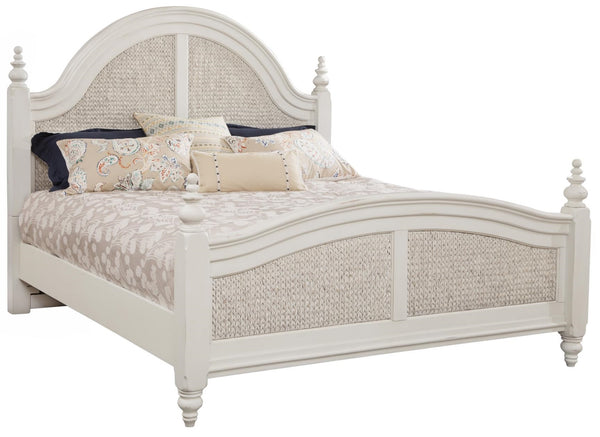 American Woodcrafters Rodanthe Dove White with Rub-Through 4-Piece Woven Bedroom Set Queen Bed Dresser Mirror & 3-Drawer Nightstand