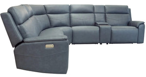 Flexsteel Vernon 6-Piece Triple Power Admiral Blue Fabric Sectional with Power Headrest, Lumbar, Heat & Massage