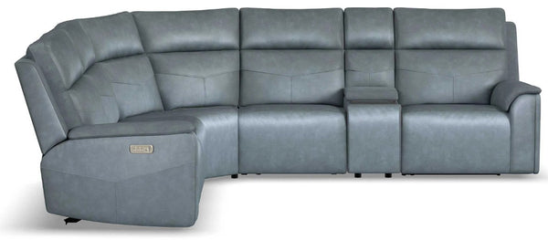 Flexsteel Vernon 6-Piece Triple Power Admiral Blue Fabric Sectional with Power Headrest, Lumbar, Heat & Massage