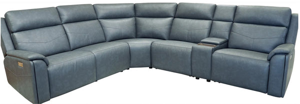 Flexsteel Vernon 6-Piece Triple Power Admiral Blue Fabric Sectional with Power Headrest, Lumbar, Heat & Massage