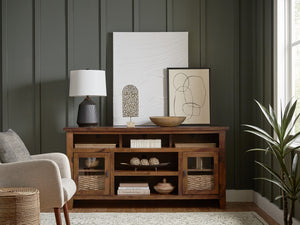 aspenhome alder grove 65" tv console with doors in fruitwood