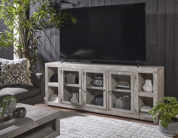 aspenhome avery loft 84" tv console with 3-doors in limestone