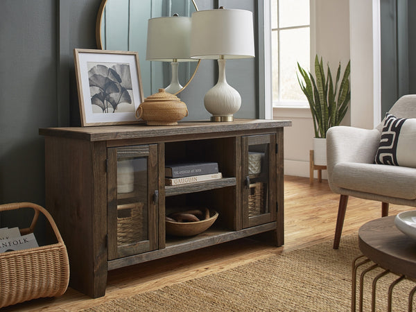 aspenhome alder grove 50" tv console with doors in tobacco