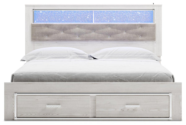 Altyra King Upholstered Bookcase Bed with 2-Drawer Storage White