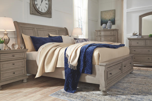 Lettner King Sleigh Bed with 2-Drawers of Storage Light Gray