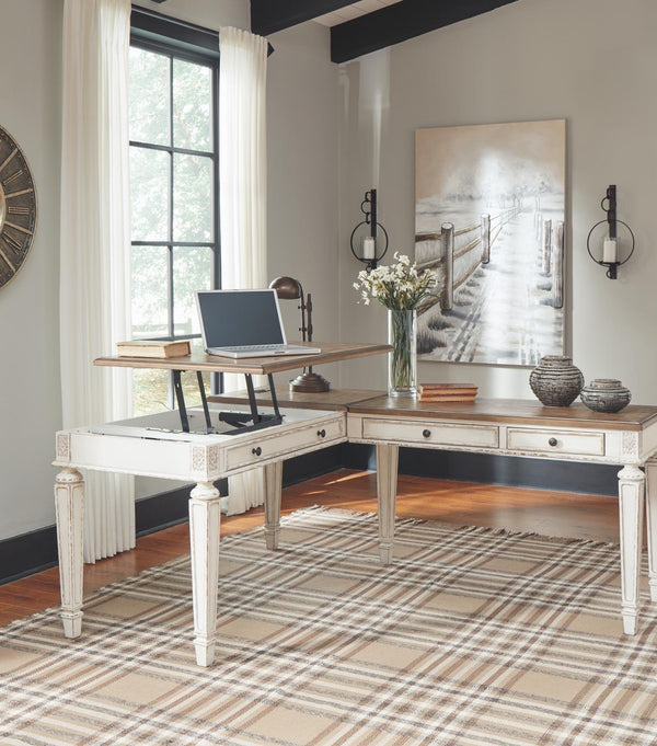 Realyn Pastoral Charm 2-Piece 3-Drawer Home Office Lift Top Desk White/Brown