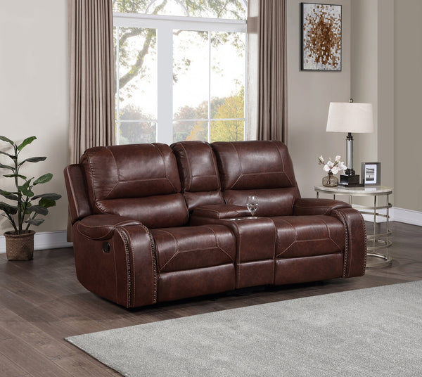Steve Silver Keily Manual Glider Reclining Loveseat In Brown With Antiqued Brass Nailhead Trim