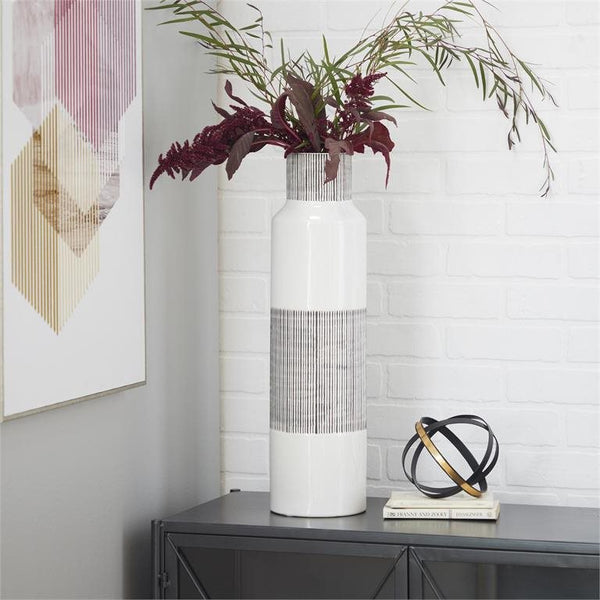 UMA Home Decor White Ceramic Handmade Vase with Grey Striped Accents Cosmoliving by Cosmopolitan