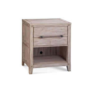 American Woodcrafters Aurora Whitewash 4-Piece Bedroom Set Queen Panel Bed with Storage Footboard Dresser Mirror & 1-Drawer Nightstand