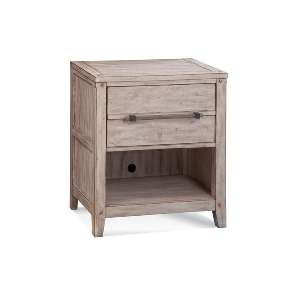 American Woodcrafters Aurora Whitewash 4-Piece Bedroom Set Queen Panel Bed with Storage Footboard Dresser Mirror & 1-Drawer Nightstand