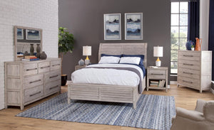 American Woodcrafters Aurora Whitewash 3-Piece Bedroom Set Queen Sleigh Bed Dresser & Mirror