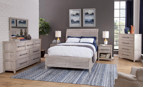 American Woodcrafters Aurora Whitewash 3-Piece Bedroom Set Queen Sleigh Bed Dresser & Mirror