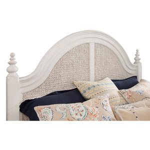 American Woodcrafters Rodanthe Dove White with Rub-Through 4-Piece Woven Bedroom Set Queen Bed Dresser Mirror & 3-Drawer Nightstand
