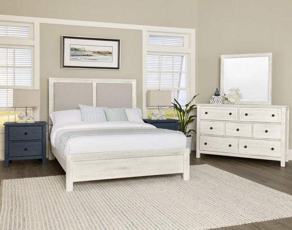 Vaughan-Bassett Custom Express Weathered White California King Upholstered Bed Pebble
